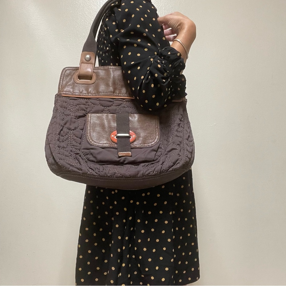 Y2K Quilted Shoulder Bag 
Purse Fossil Key-Per Cottagecore Leather Trim Brown